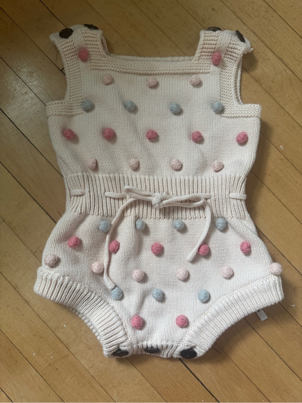 SHEIN Cream Knit Romper with Pink and Blue Pom Poms